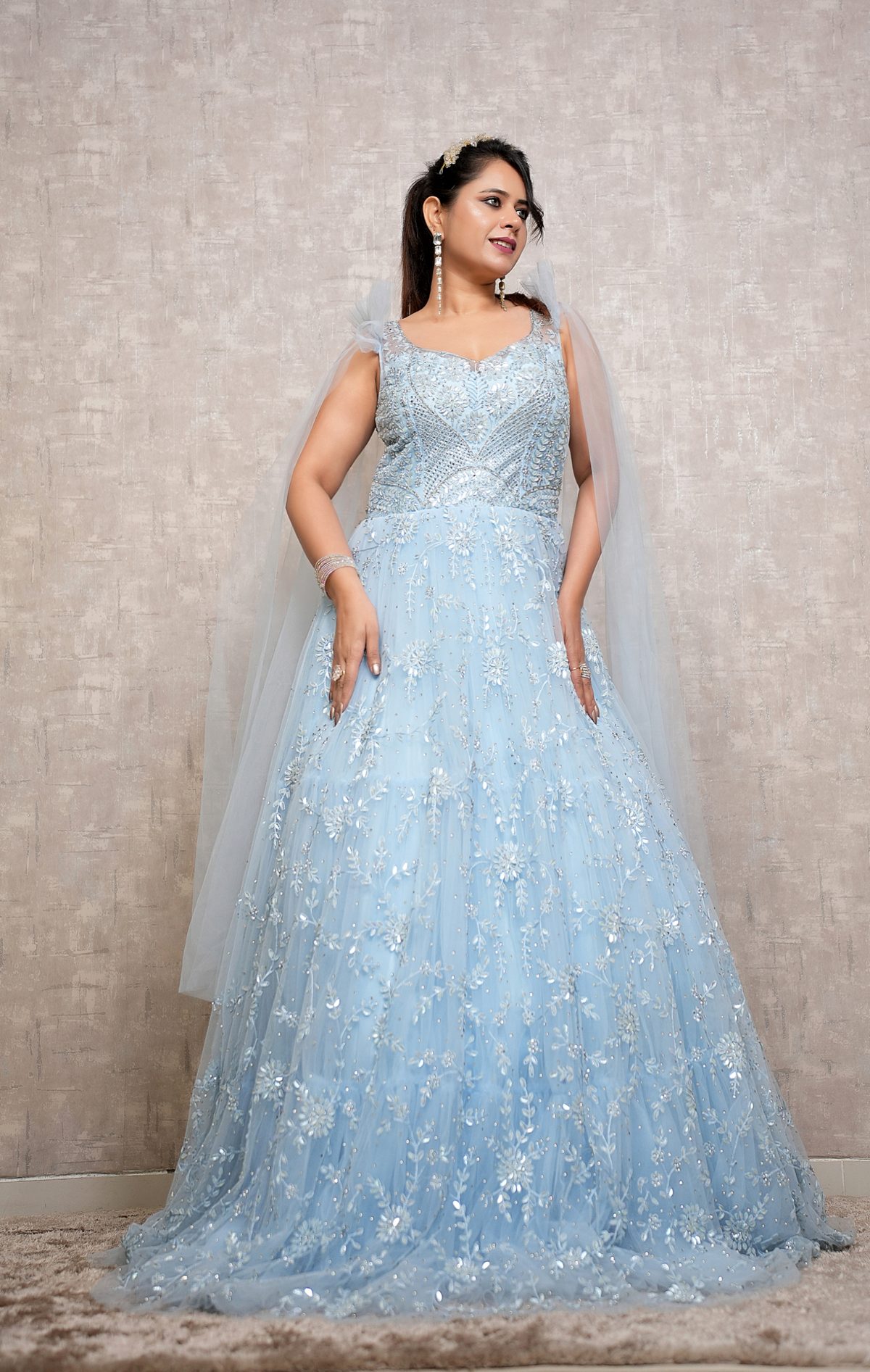 Ice Blue Floral Embroidered Gown