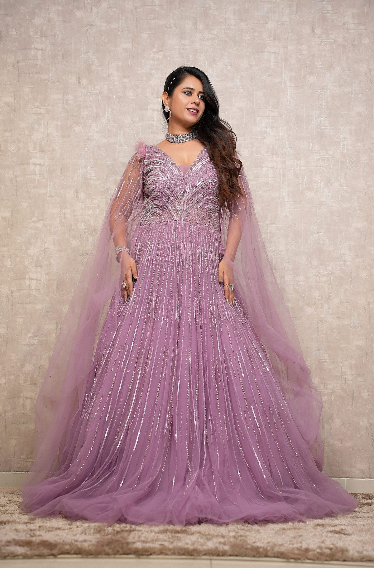 Lavender Sequin Cape Gown