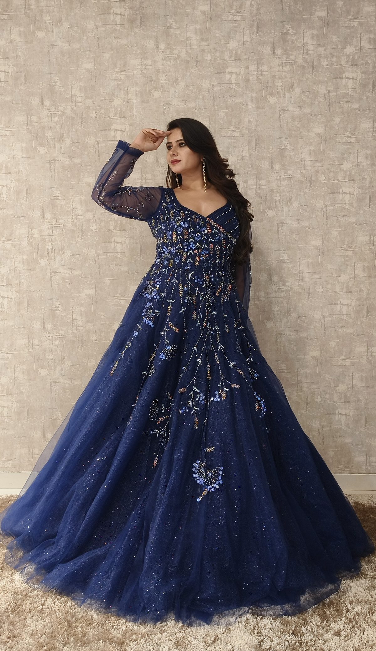 Navy Blue Floral Embroidered Gown