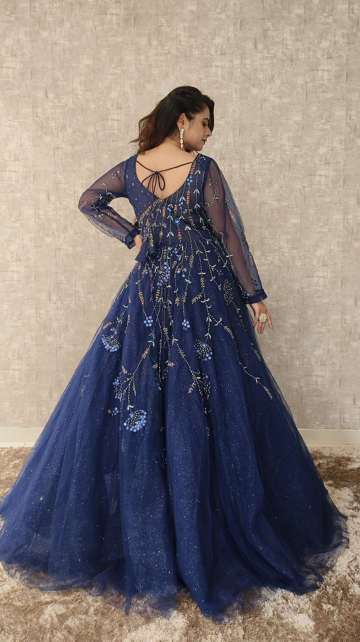 Navy Blue Floral Embroidered Gown — view 2