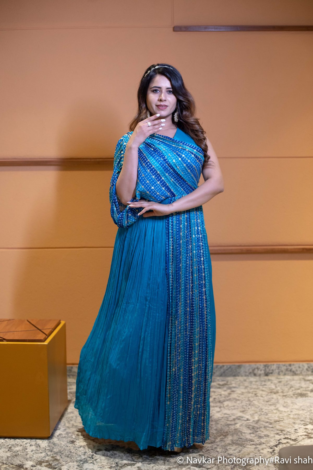 Teal One Shoulder Sequin Indo-Western