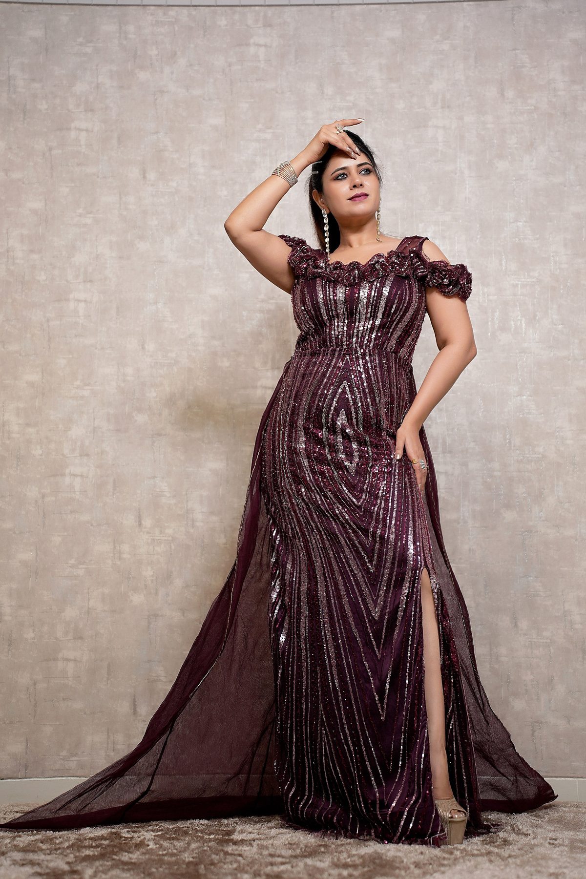 Wine Off Shoulder Sequin Indo-Western