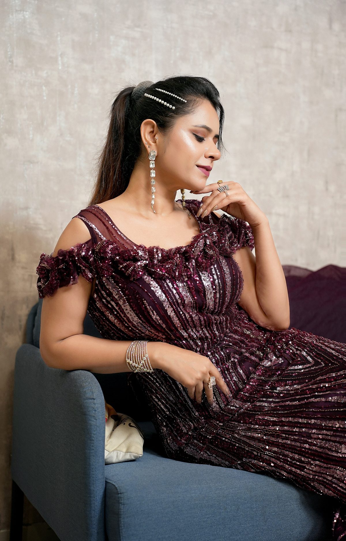 Wine Off Shoulder Sequin Indo-Western — view 2