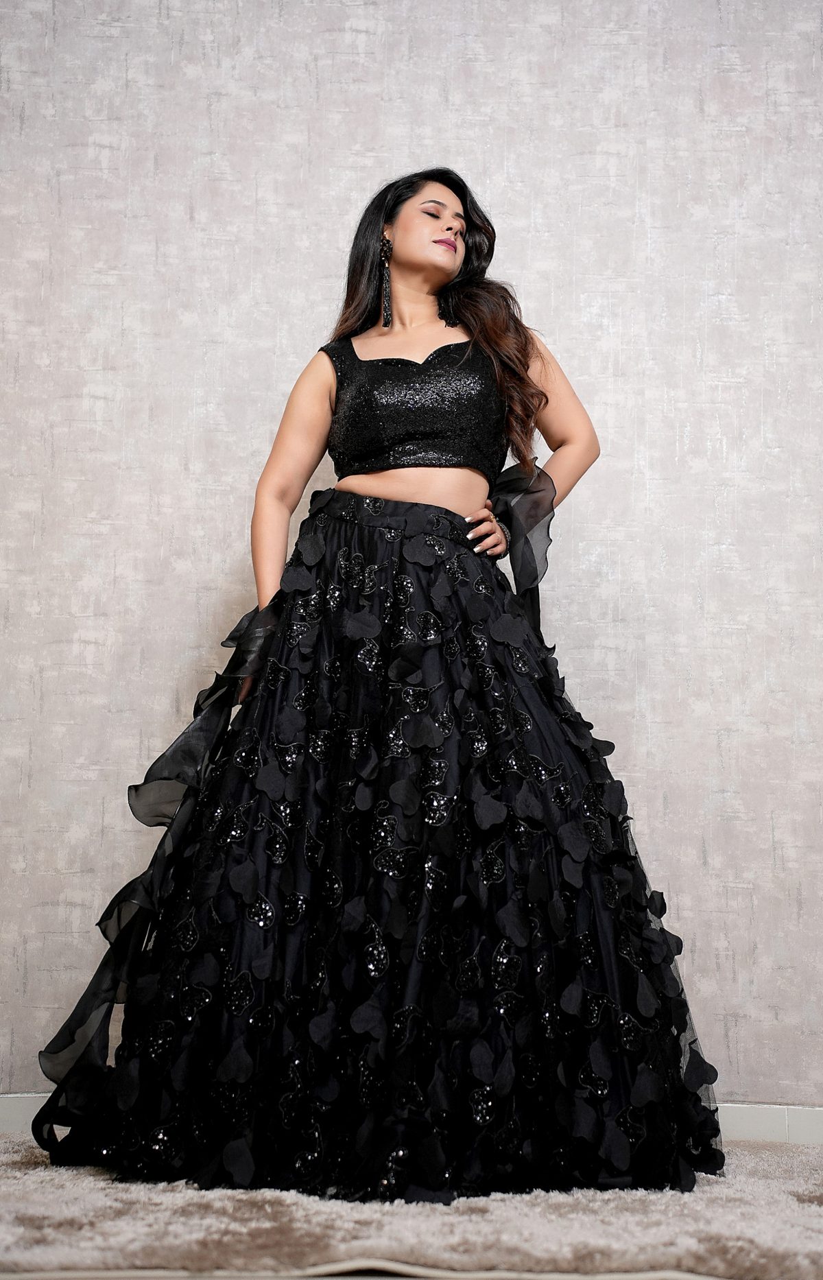 Black Ruffle Petal Sequin Lehenga