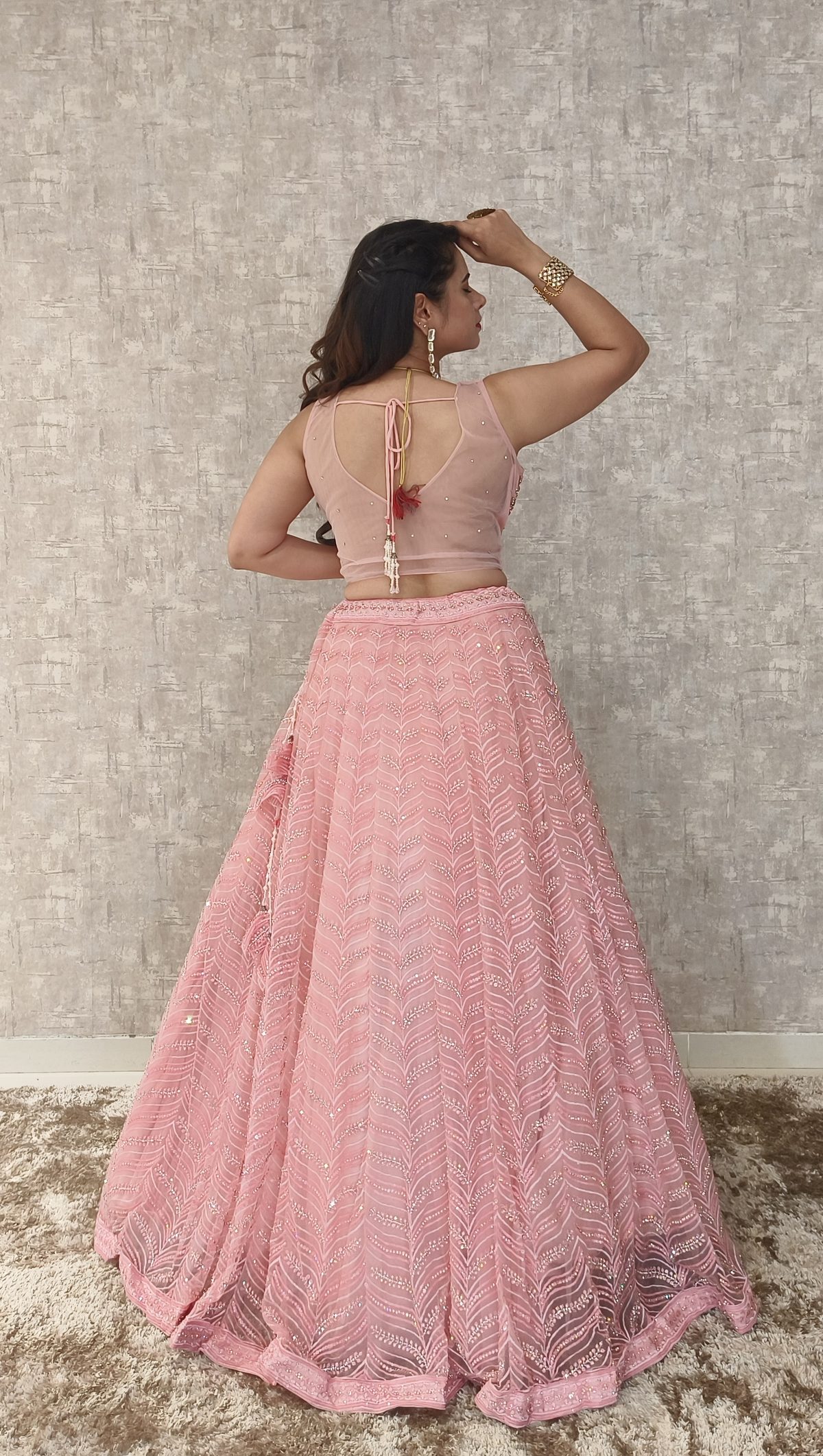 Blush Pink Chevron Sequin Lehenga — view 2