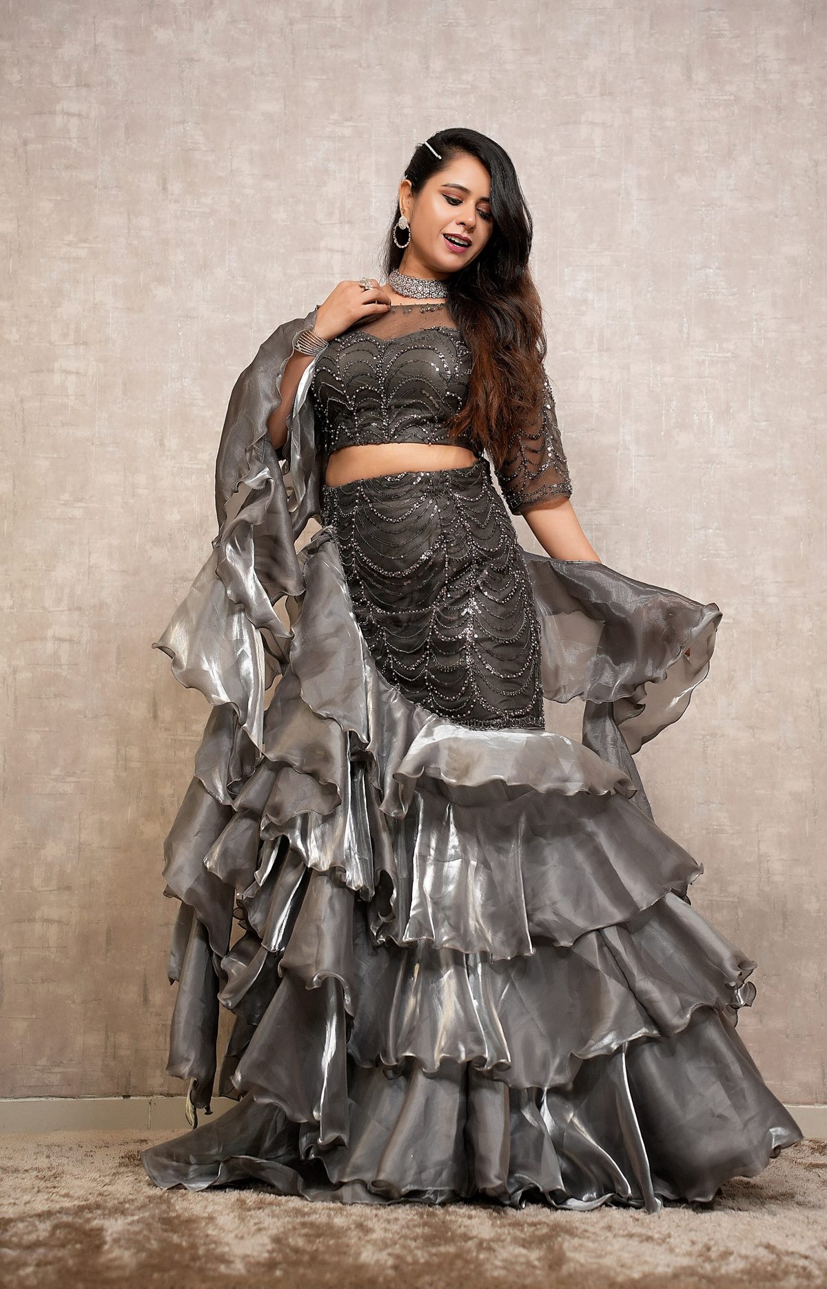Gunmetal Silver Ruffle Lehenga