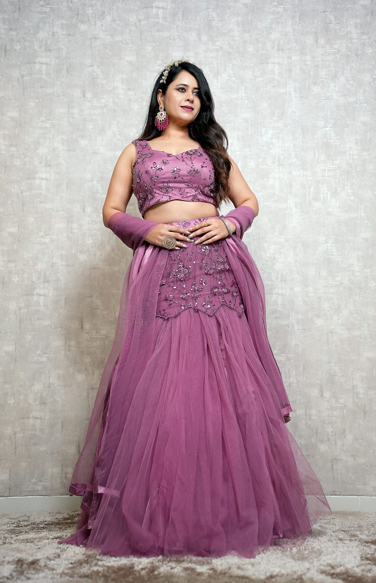 Mauve Embroidered Peplum Lehenga