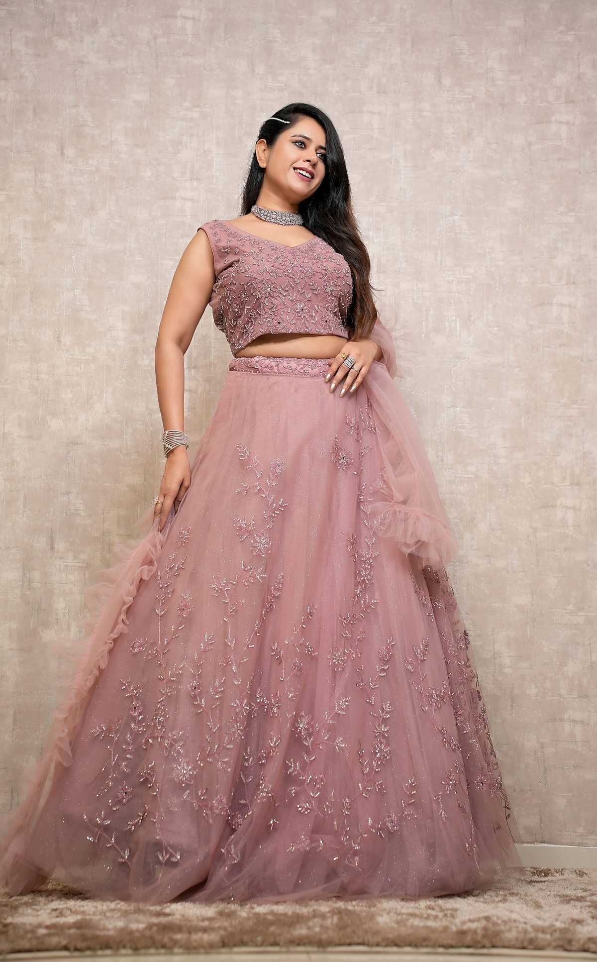 Mauve Pink Floral Tulle Lehenga