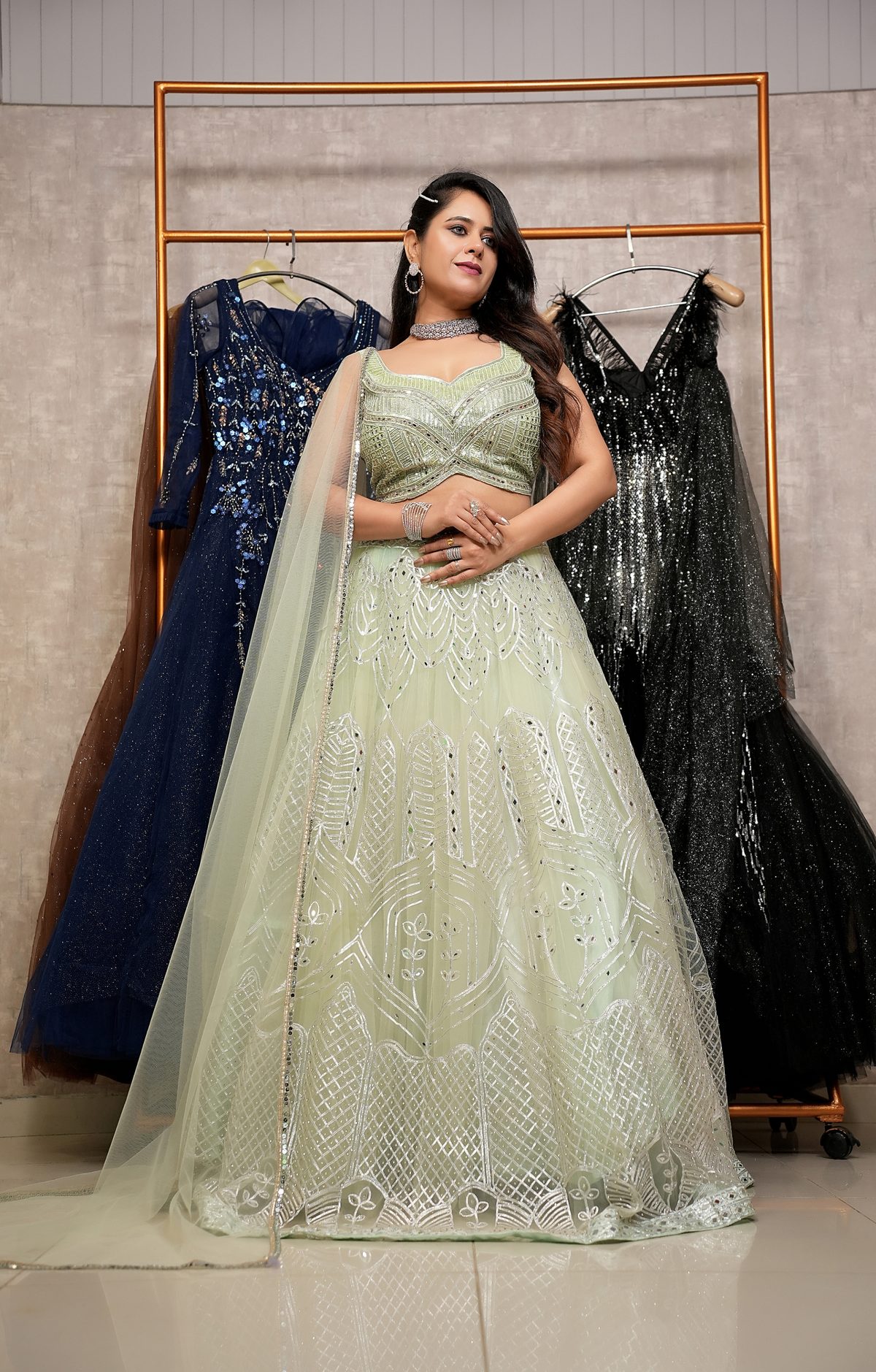 Pistachio Green Sequin Lehenga